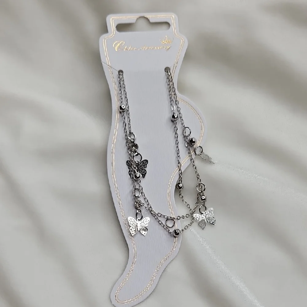Women's Silver Tone Double Strand Butterfly Charm Ankle Bracelet Anklet Chain